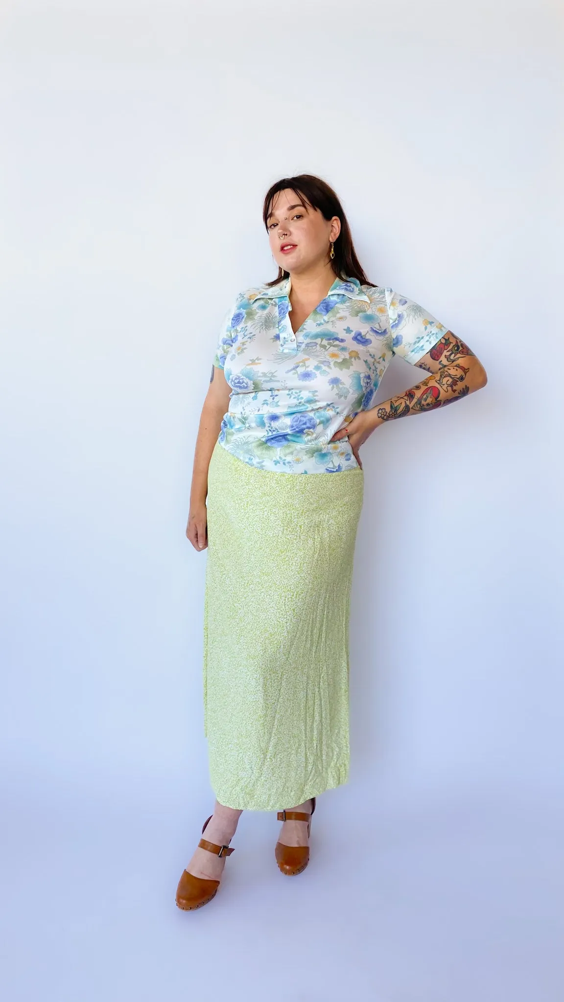 1990s Light Green Floral Maxi Skirt, sz. L