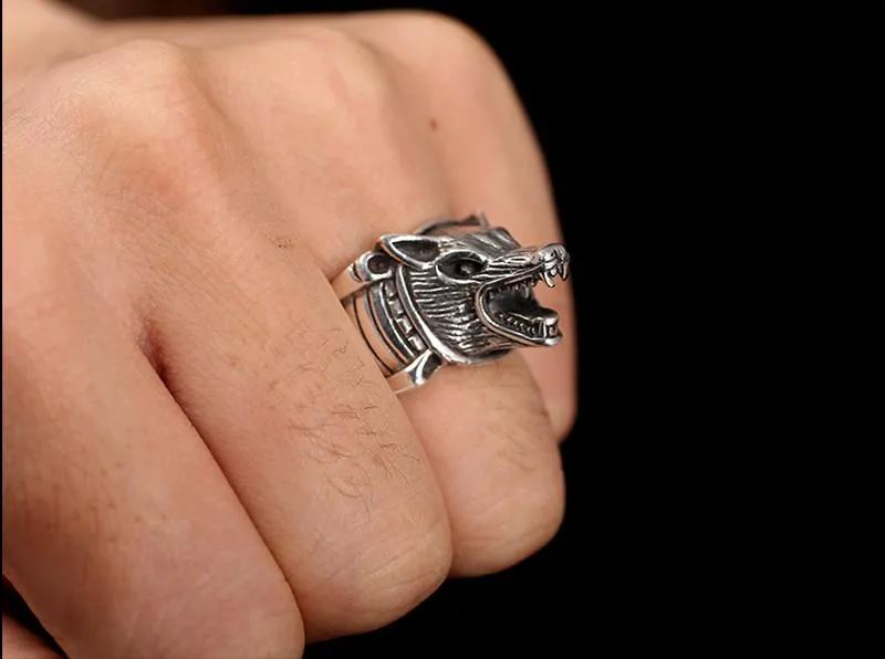 925 Sterling Silver Cool Wolf Howling Silhouette Vintage Punk Retro Ring