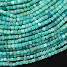 AA Natural Peruvian Amazonite Faceted 3mm Cube Square Beads Stunning Aqua Blue Green Gemstone 15.5" Strand