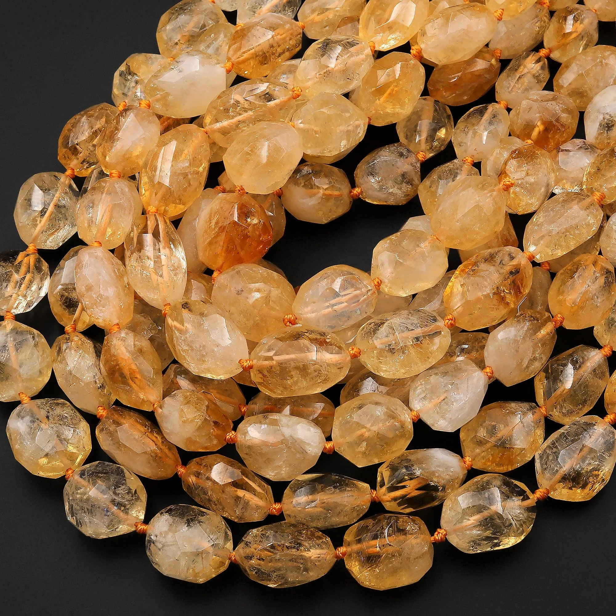 AAA Hand Cut Natural Golden Yellow Citrine Beads Faceted Oval Puffy Nuggets 15.5" Strand