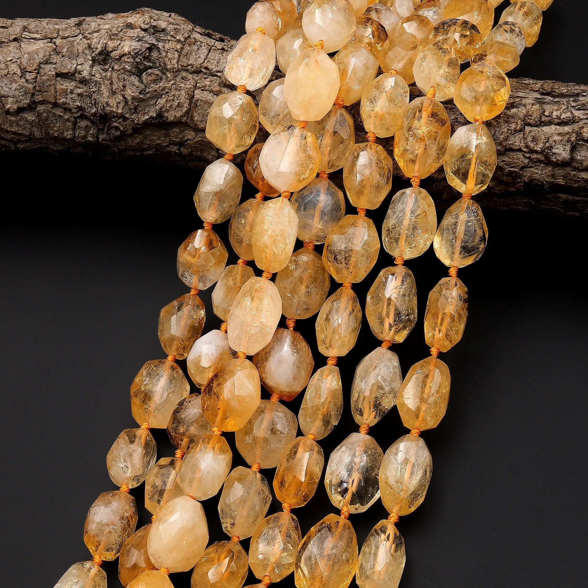 AAA Hand Cut Natural Golden Yellow Citrine Beads Faceted Oval Puffy Nuggets 15.5" Strand