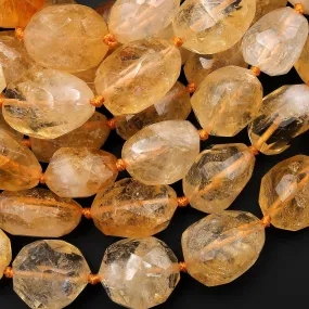 AAA Hand Cut Natural Golden Yellow Citrine Beads Faceted Oval Puffy Nuggets 15.5" Strand