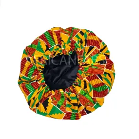 African print Hair Bonnet - Orange / green Kente ( Cotton with Satin liner )