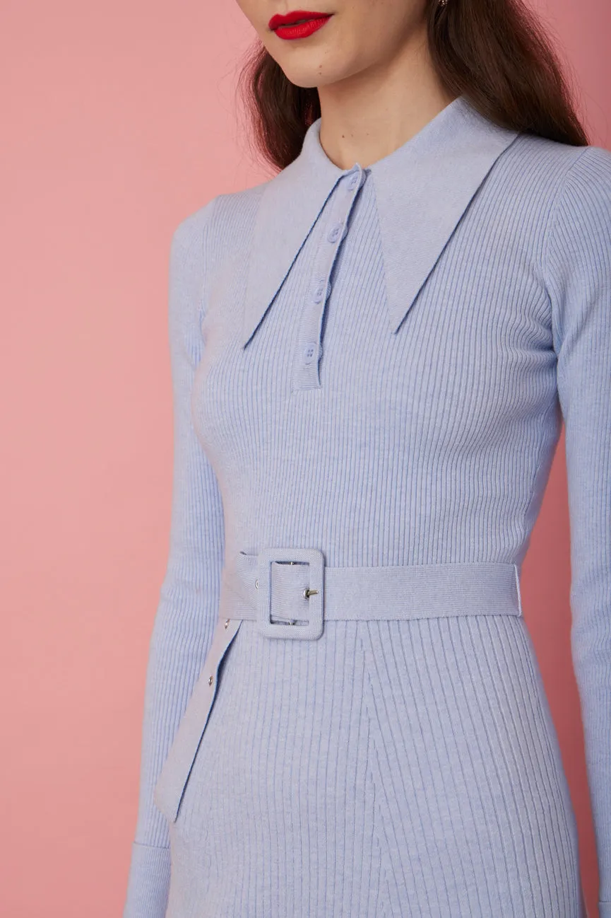 Arctic Blue Peachskin Long Sleeve Ribbed Midi Polo Dress