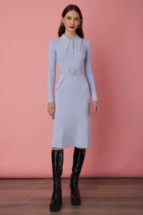 Arctic Blue Peachskin Long Sleeve Ribbed Midi Polo Dress