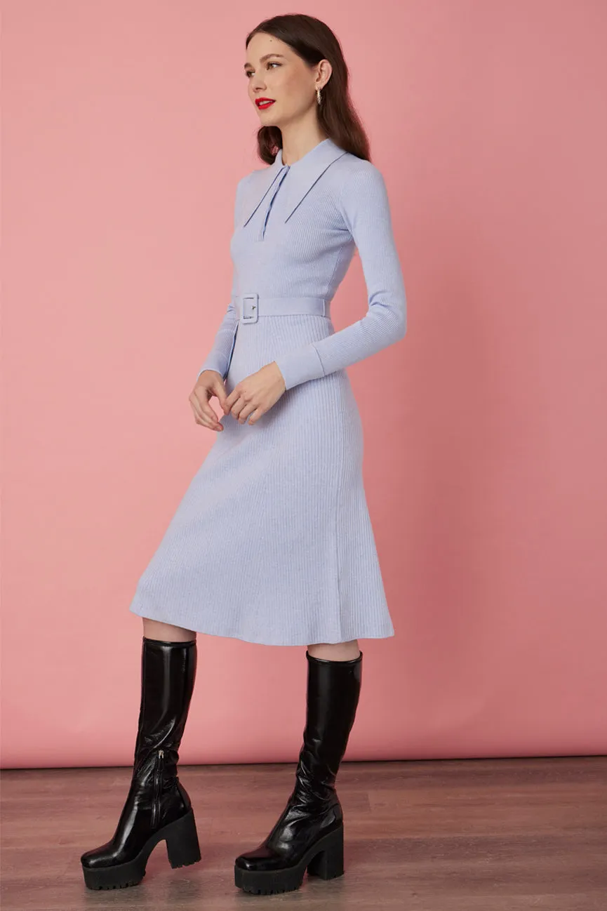 Arctic Blue Peachskin Long Sleeve Ribbed Midi Polo Dress