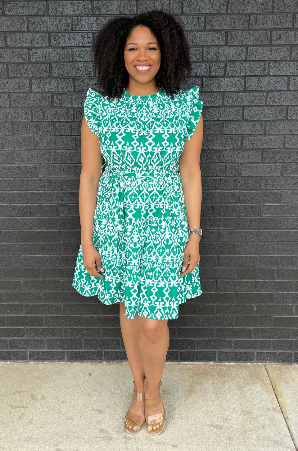 Belted Print Nursing Dress- Green 2.0