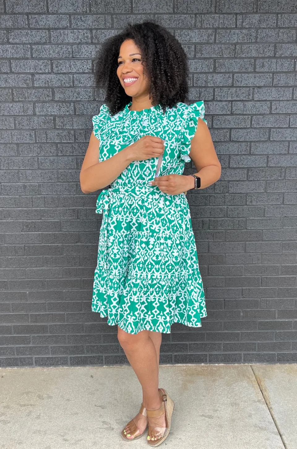 Belted Print Nursing Dress- Green 2.0