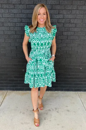 Belted Print Nursing Dress- Green 2.0