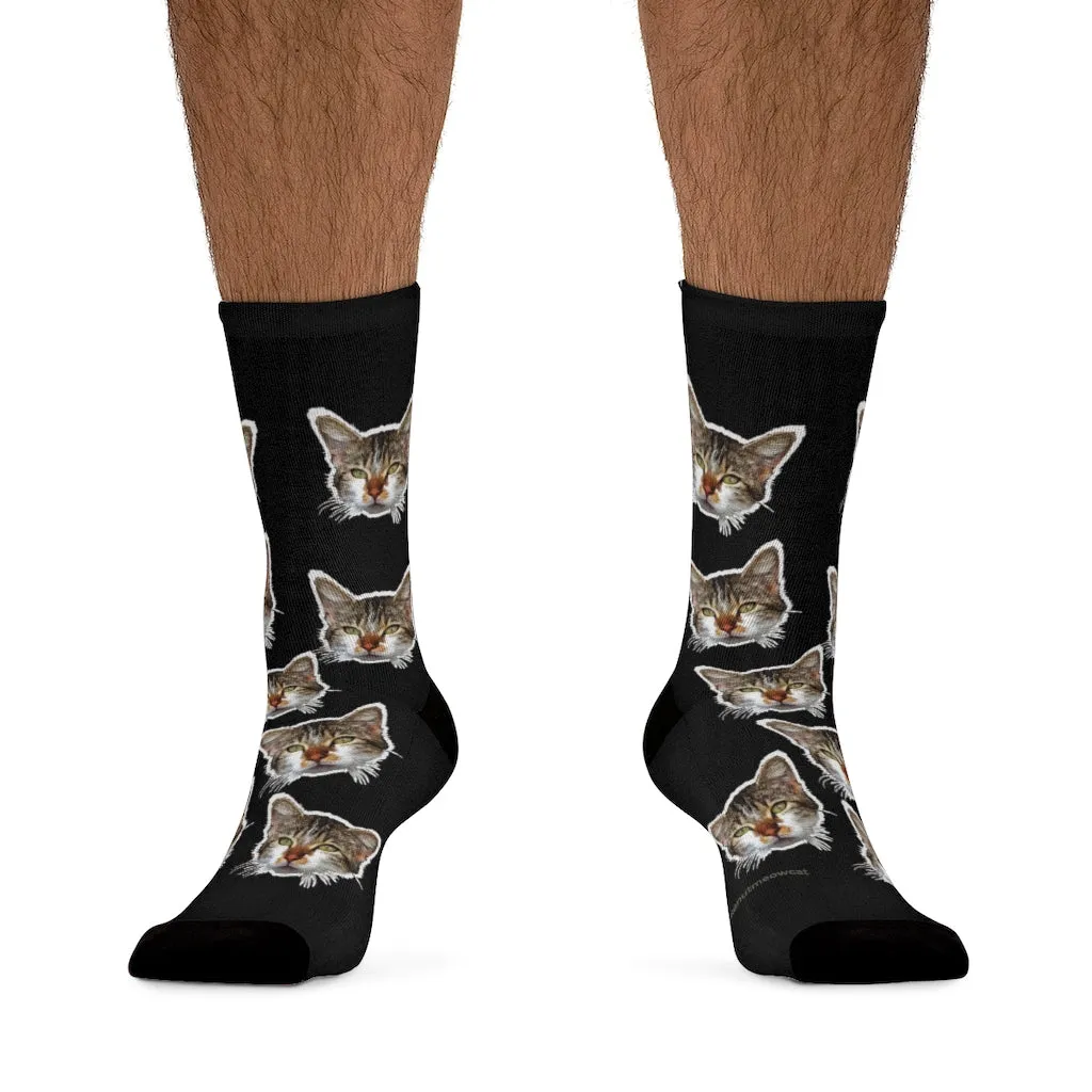 Black Cat Print Socks, Cute Calico Cat One-Size Knit Premium Unisex Socks- Made in USA