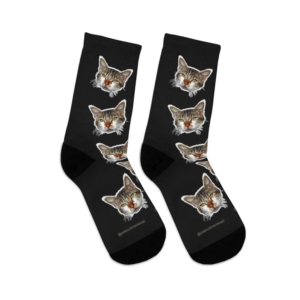 Black Cat Print Socks, Cute Calico Cat One-Size Knit Premium Unisex Socks- Made in USA