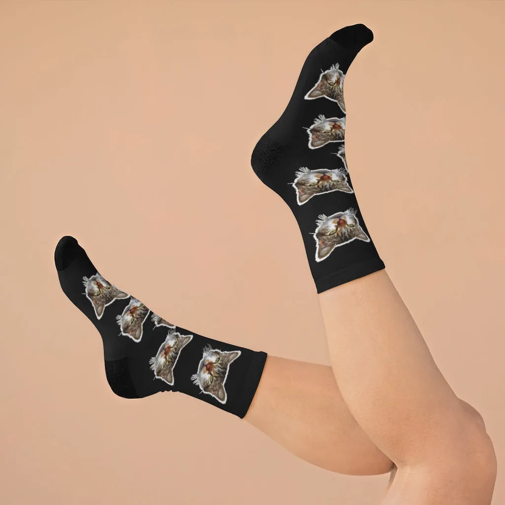 Black Cat Print Socks, Cute Calico Cat One-Size Knit Premium Unisex Socks- Made in USA