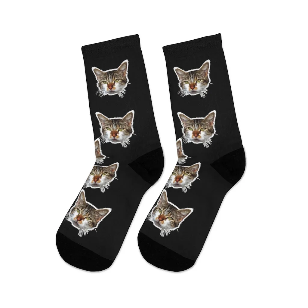 Black Cat Print Socks, Cute Calico Cat One-Size Knit Premium Unisex Socks- Made in USA