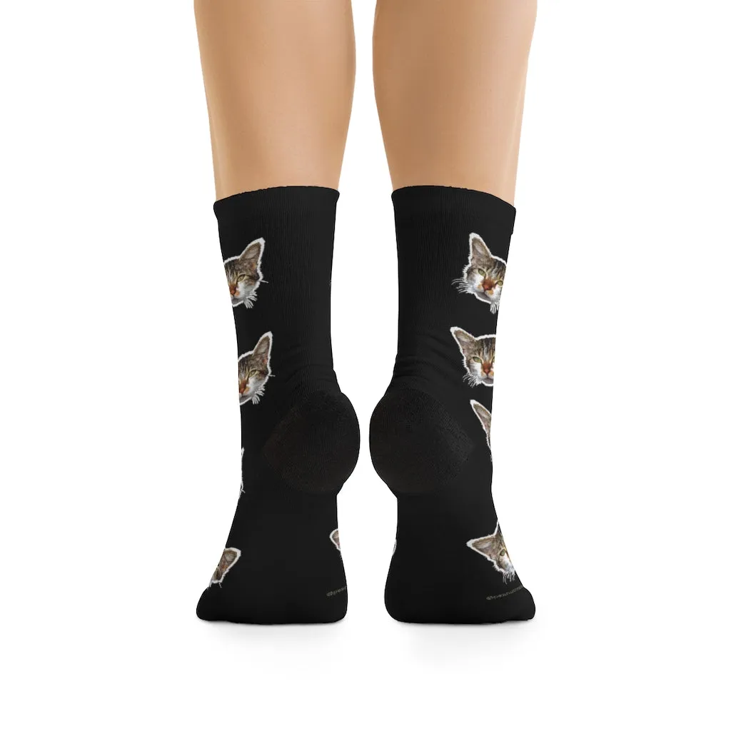 Black Cat Print Socks, Cute Calico Cat One-Size Knit Premium Unisex Socks- Made in USA