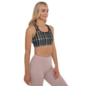 Black Plaid Print Workout Bra, White Black Scottish Plaid Printed Women's Padded Sports Bra