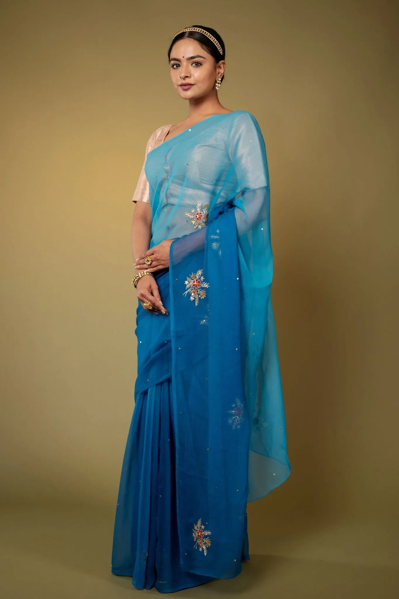 Blue Aari sequins Butta work viscose Chiffon Saree