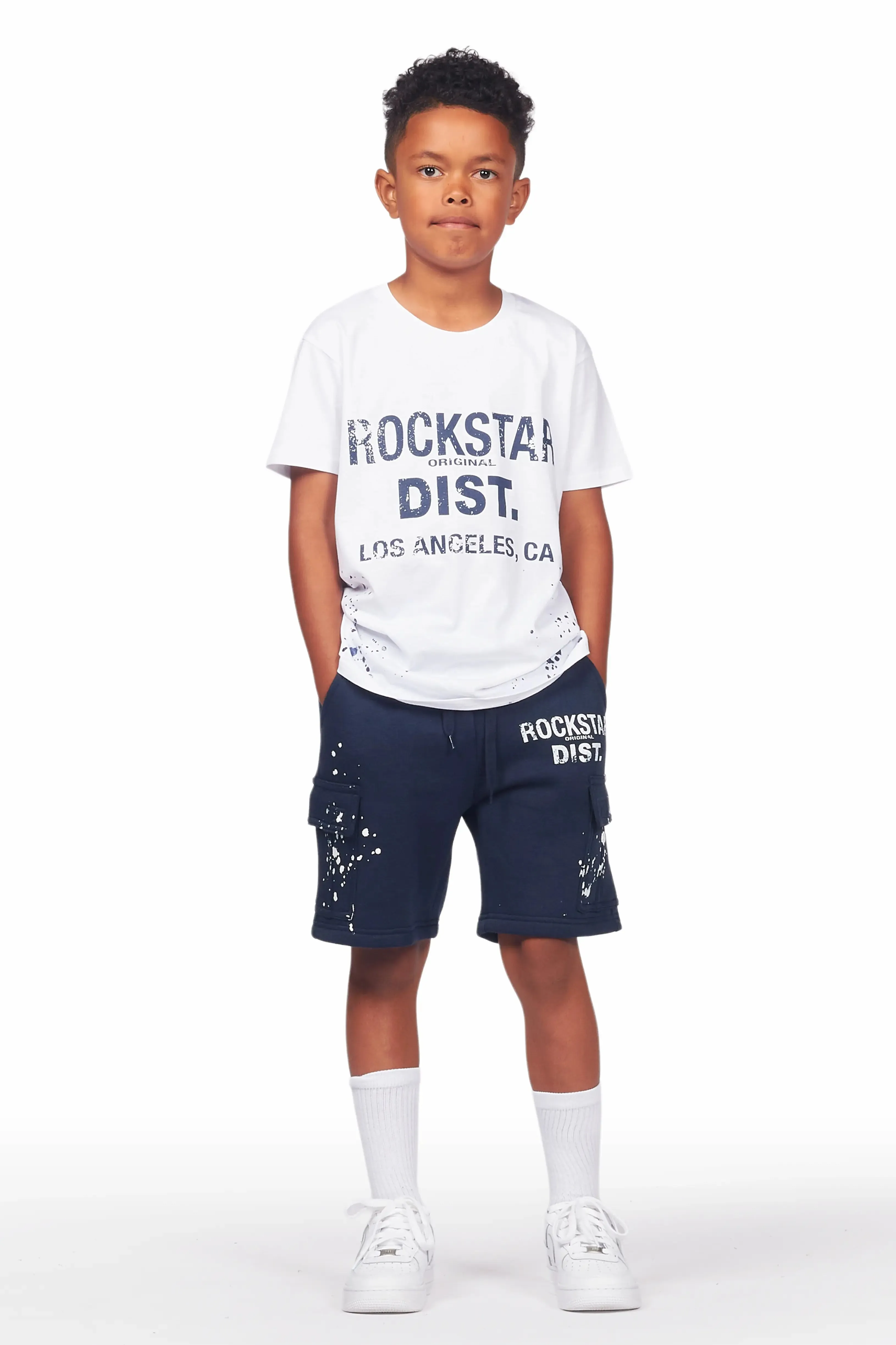 Boys Basim White/Navy T-Shirt Short Set