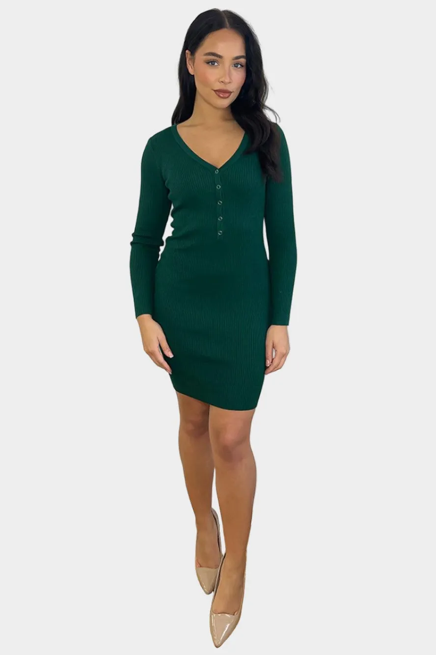 Buttoned Neckline Knitted Mini Dress