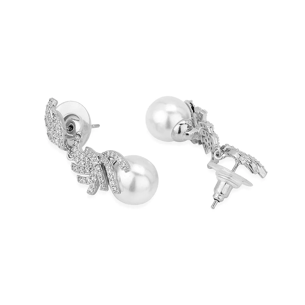 Carlton London Premium Jwlry-Silver & White Toned Pearls Studded Rhodium-Plated Contemporary Handcrafted Drop Earrings Fje4118