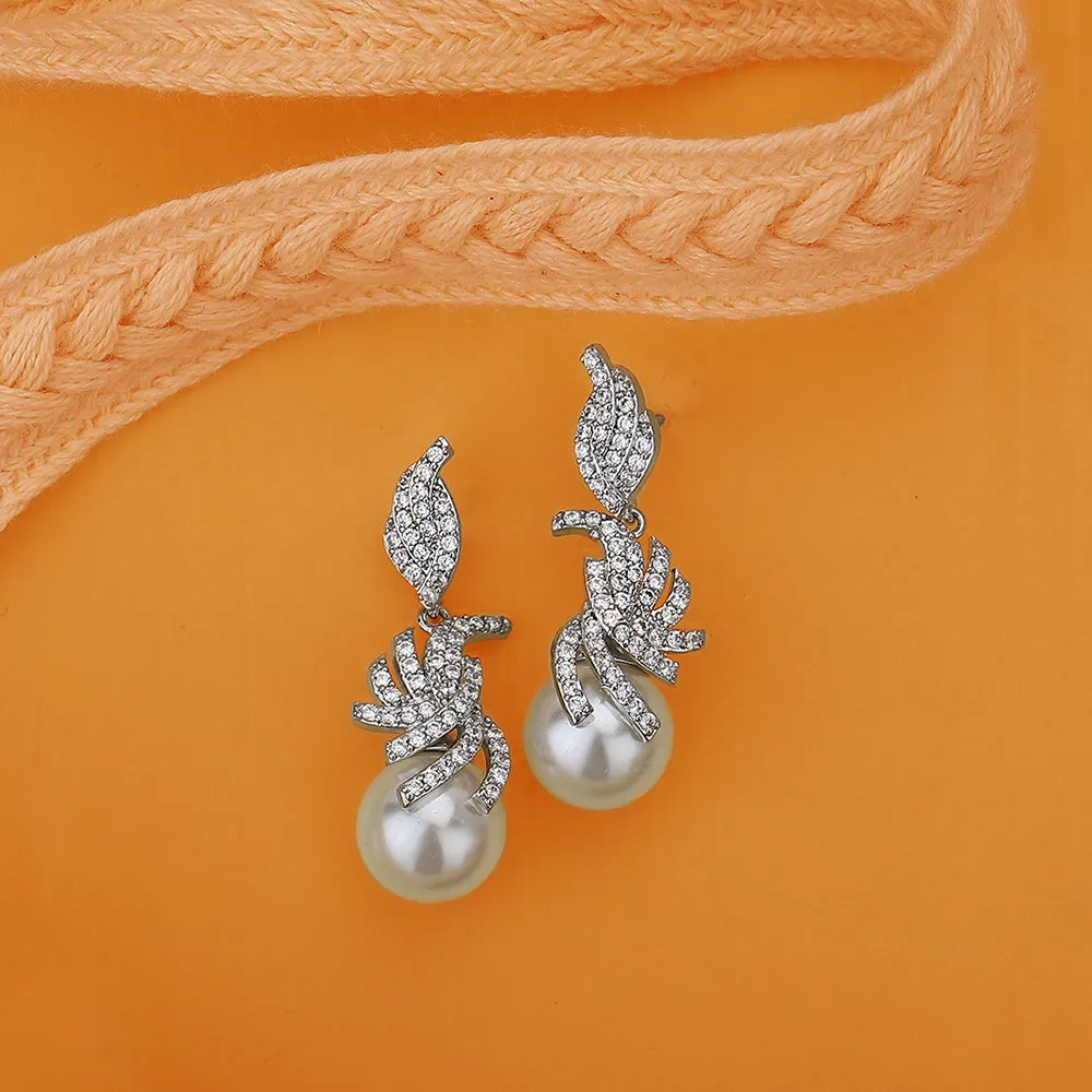 Carlton London Premium Jwlry-Silver & White Toned Pearls Studded Rhodium-Plated Contemporary Handcrafted Drop Earrings Fje4118