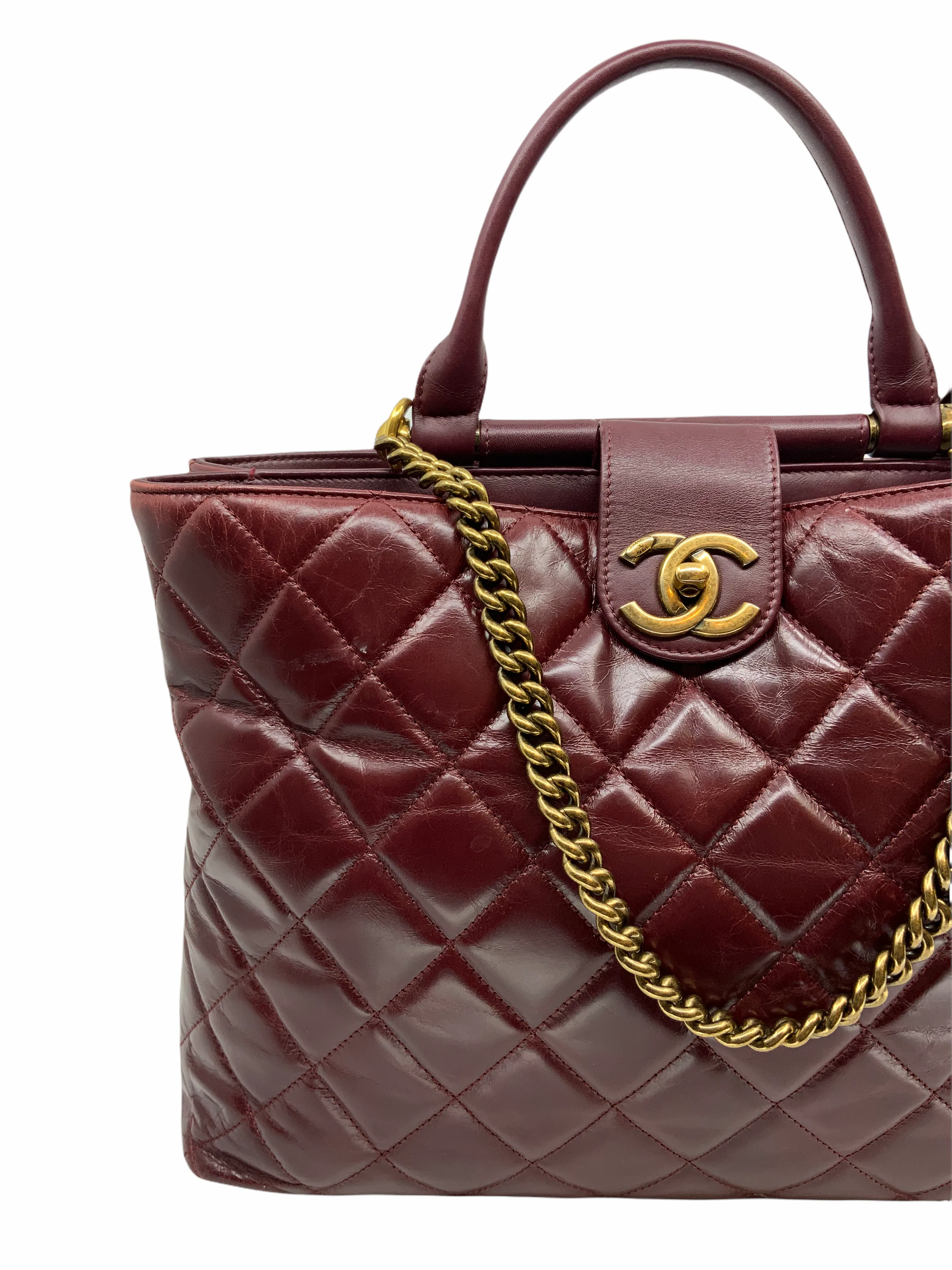 Chanel Quilted Large Gold Bar Top Handle Tote