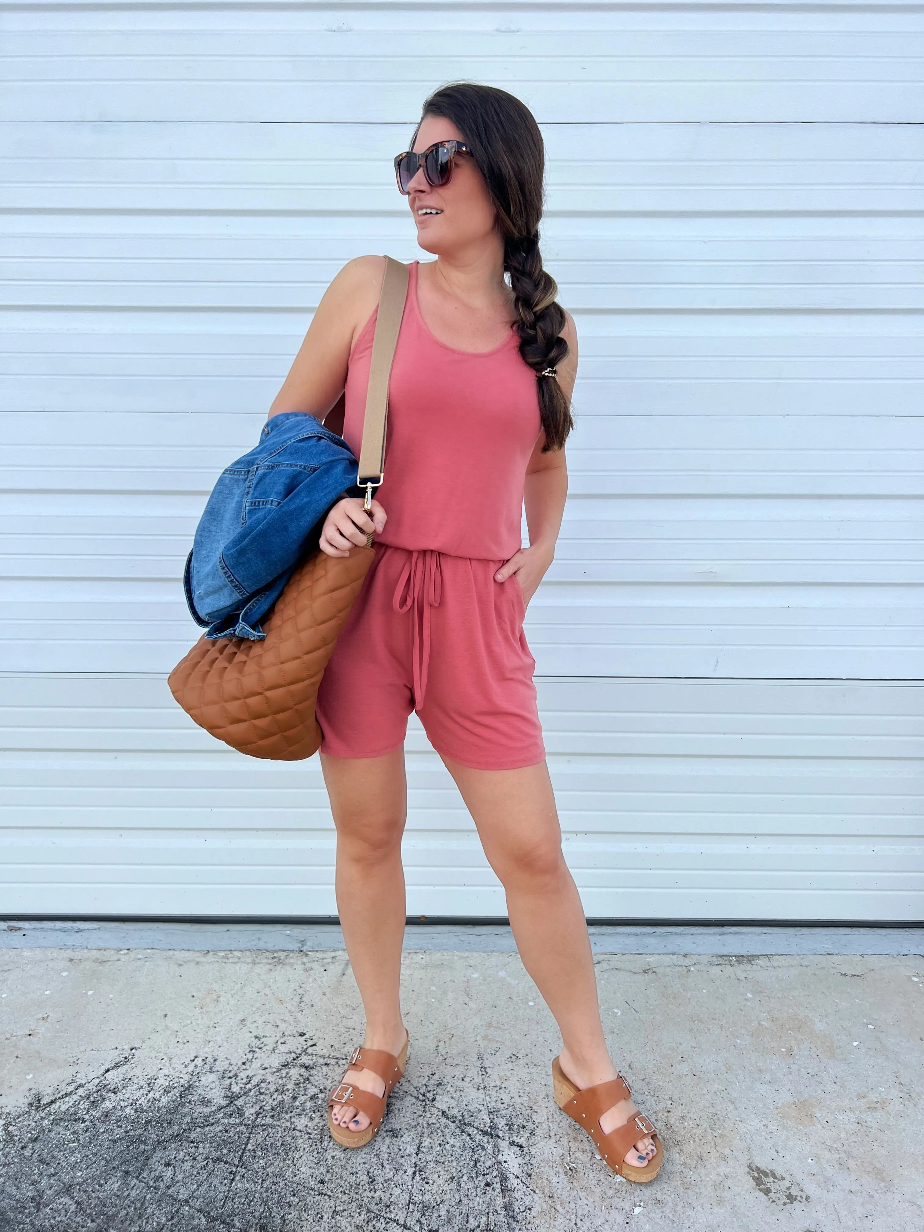 DOORBUSTER: Sleeveless Pocket Romper - Ash Rose