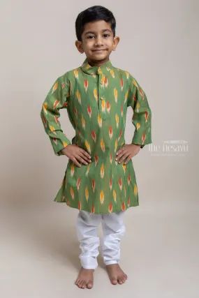 Elegant Green Printed Cotton Kurta With White Pant For Little Boys