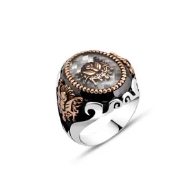 Enameled Ottoman Coat of Arms on Ellipse Carbon Silver Men's Ring Siding Coat of Arms