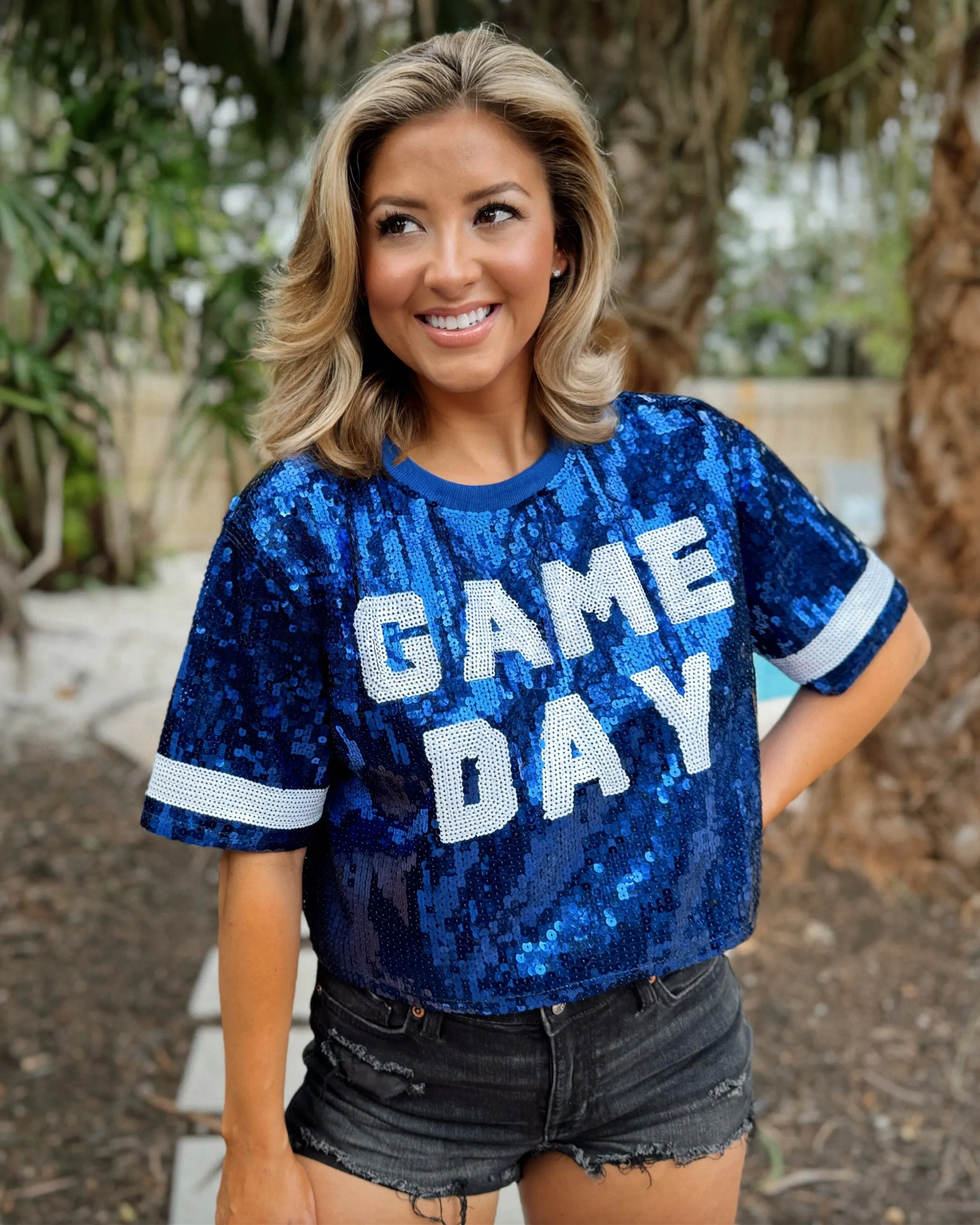 Explore More Collection - Blue Sequin “GAME DAY” Crop