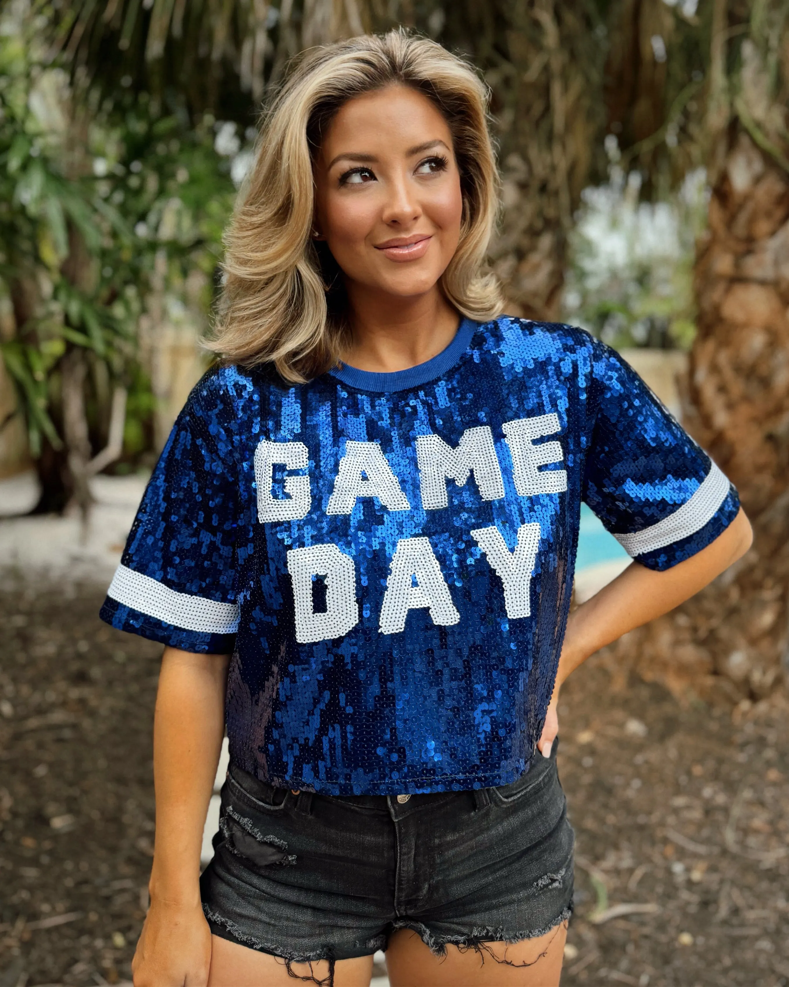 Explore More Collection - Blue Sequin “GAME DAY” Crop