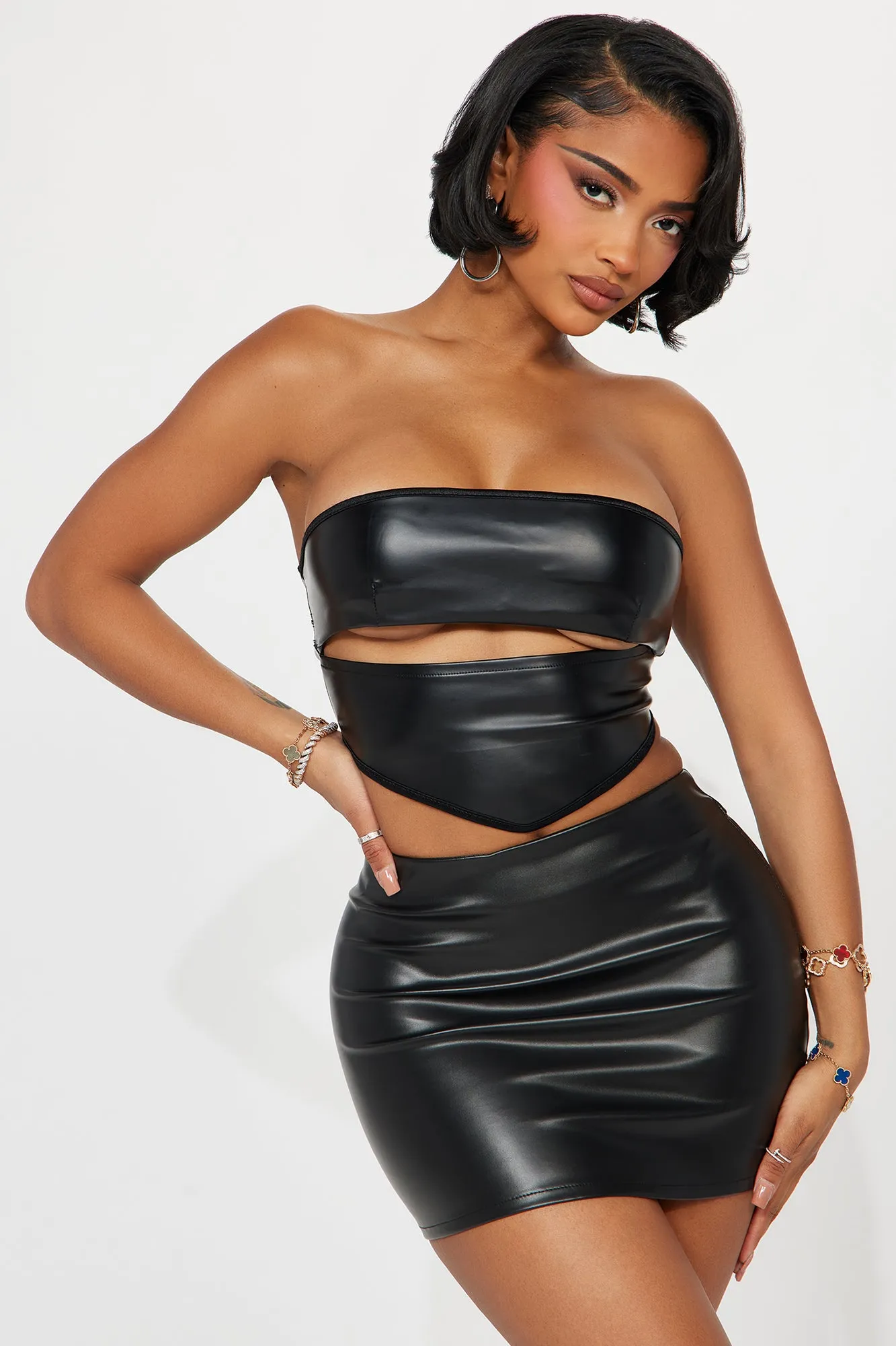 Fiona Faux Leather Skirt Set - Black