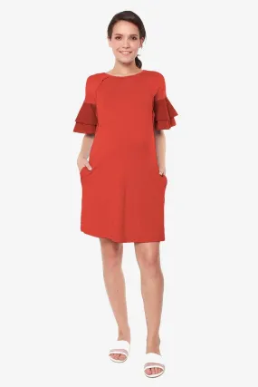 Flounce Sleeves Calissa Bamboo Cotton Nursing Dress Dark Coral