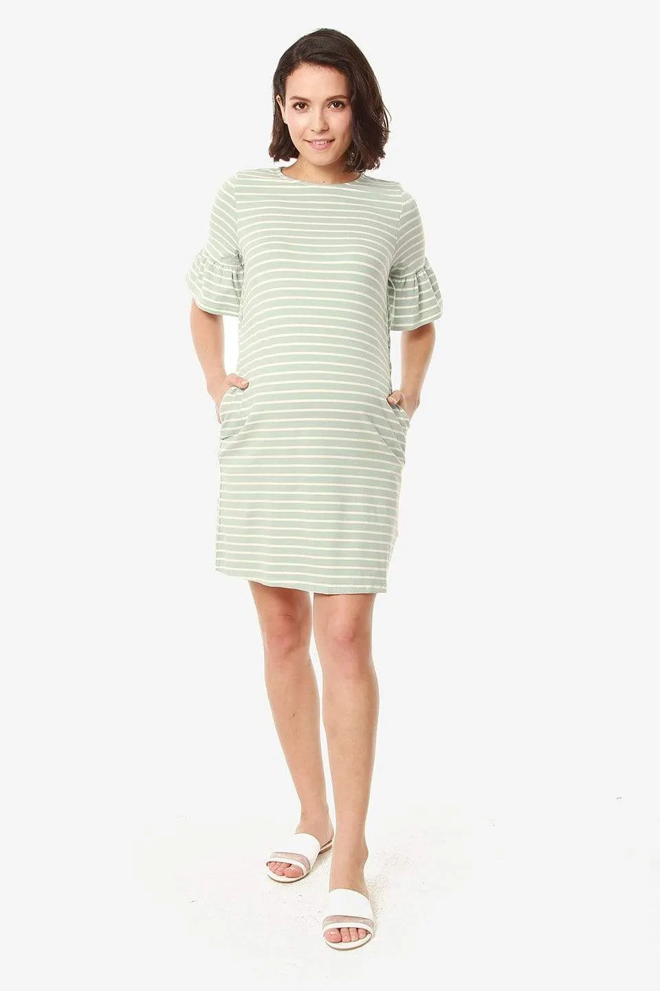 Flounce Sleeves Camile Mint Stripe Nursing Dress