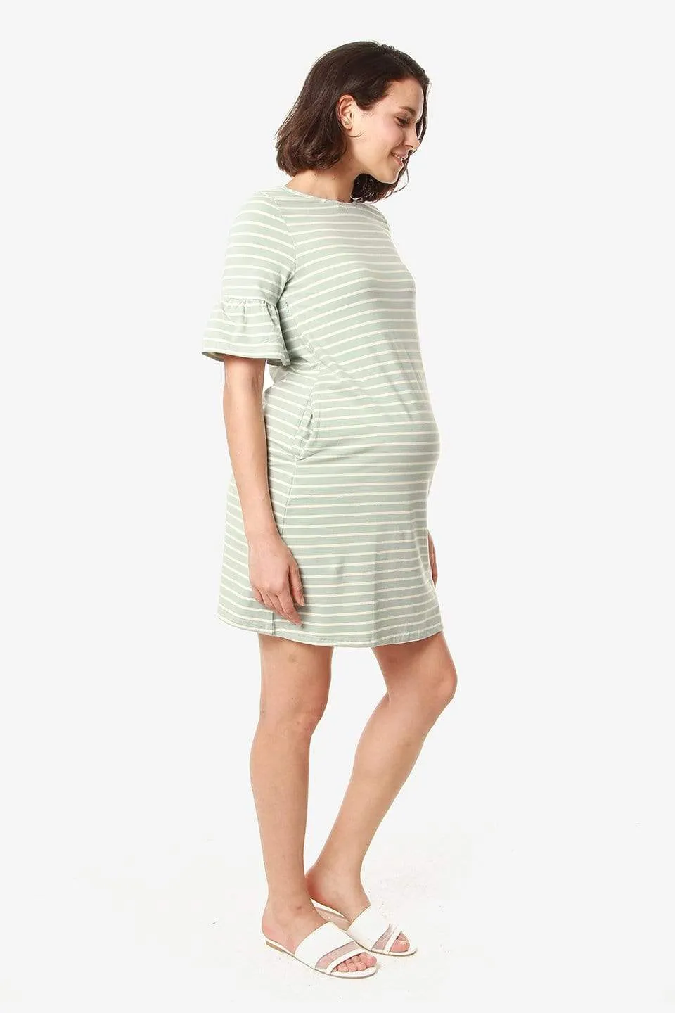 Flounce Sleeves Camile Mint Stripe Nursing Dress