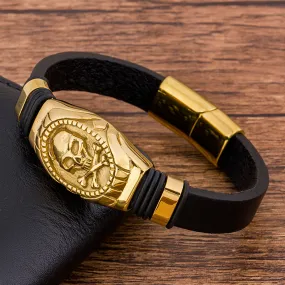 Gold-Plated Stainless Steel Black Leather Skull Bracelet