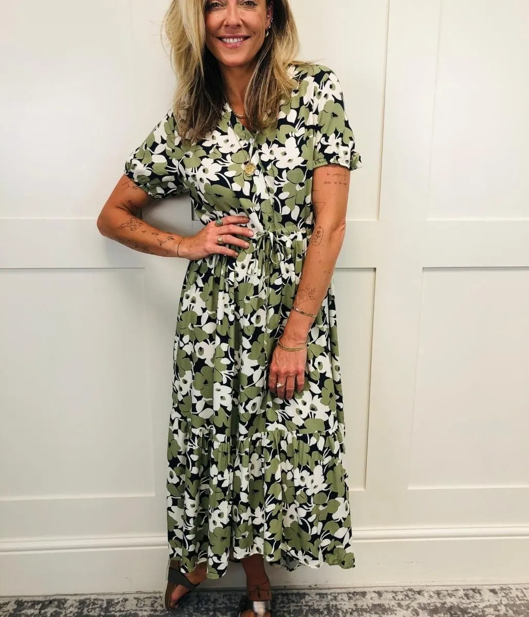 Green Floral Dipped Hem Dress