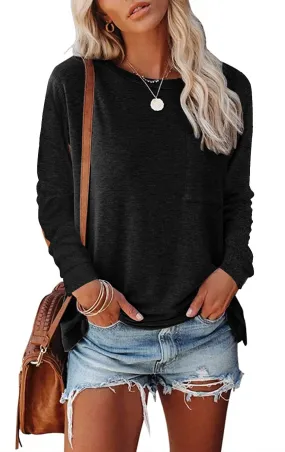 Haute Edition Long Sleeve Heather Round Neck Top with Pocket