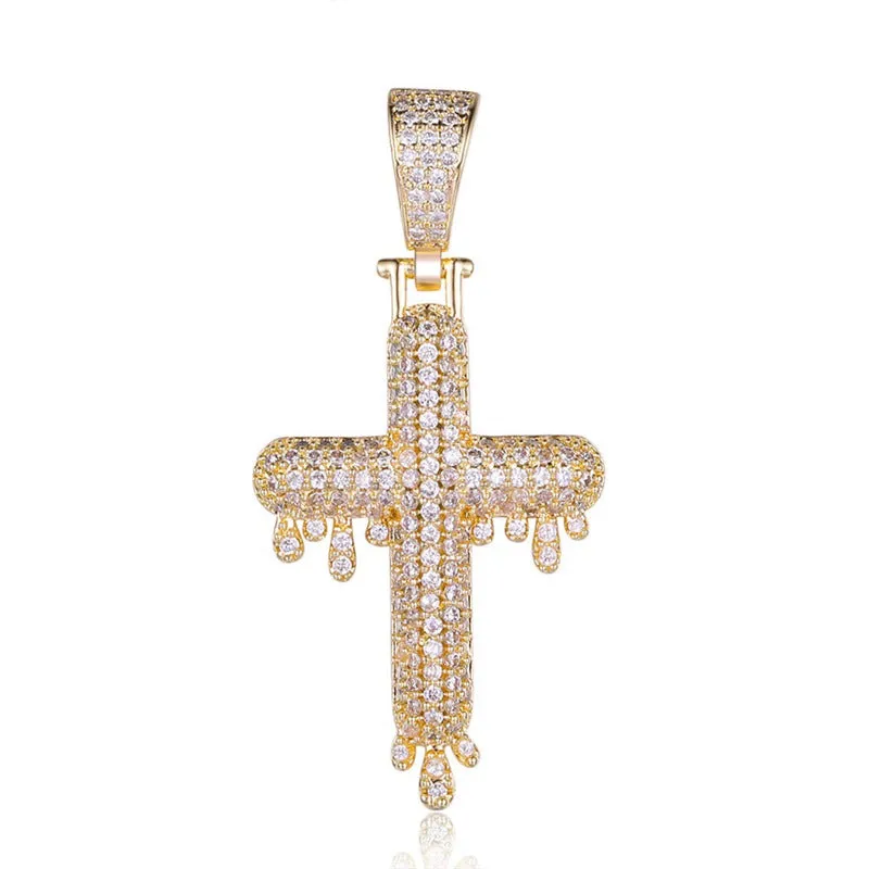 Iced Out Drip Cross Pendant - Gold