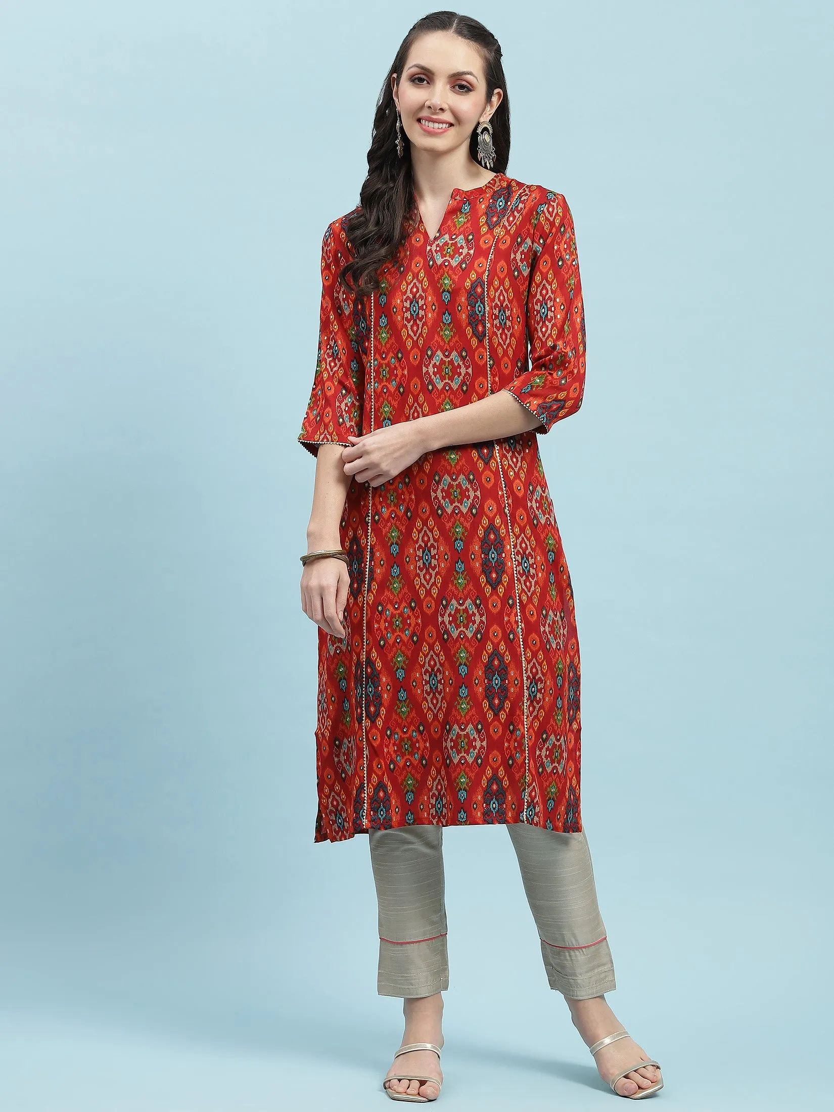 Indiessence Red Aztec Printed Kurta