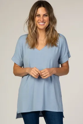 Light Blue V-Neck Cuffed Short Sleeve Top