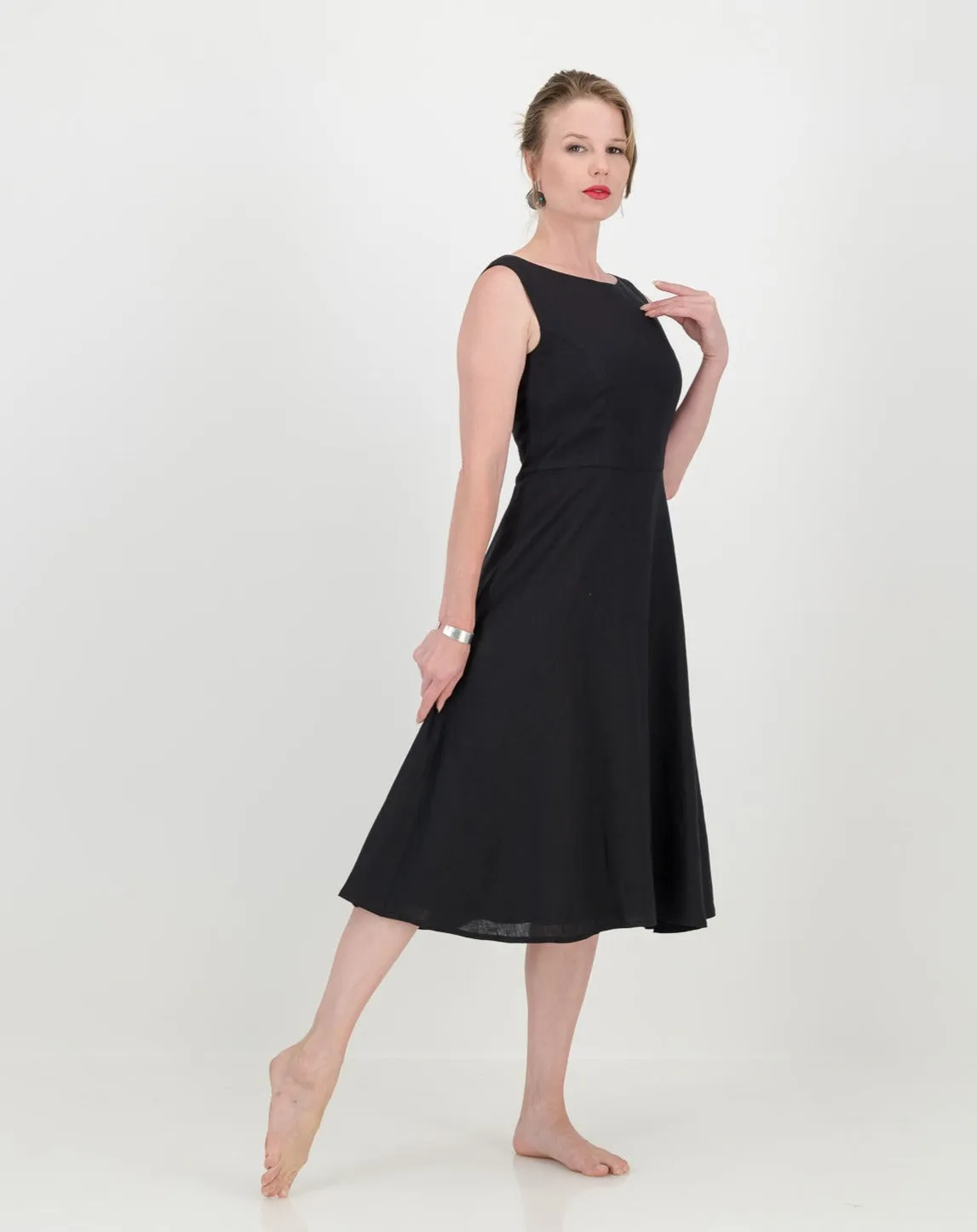 mpilo linen boatneck dress - black