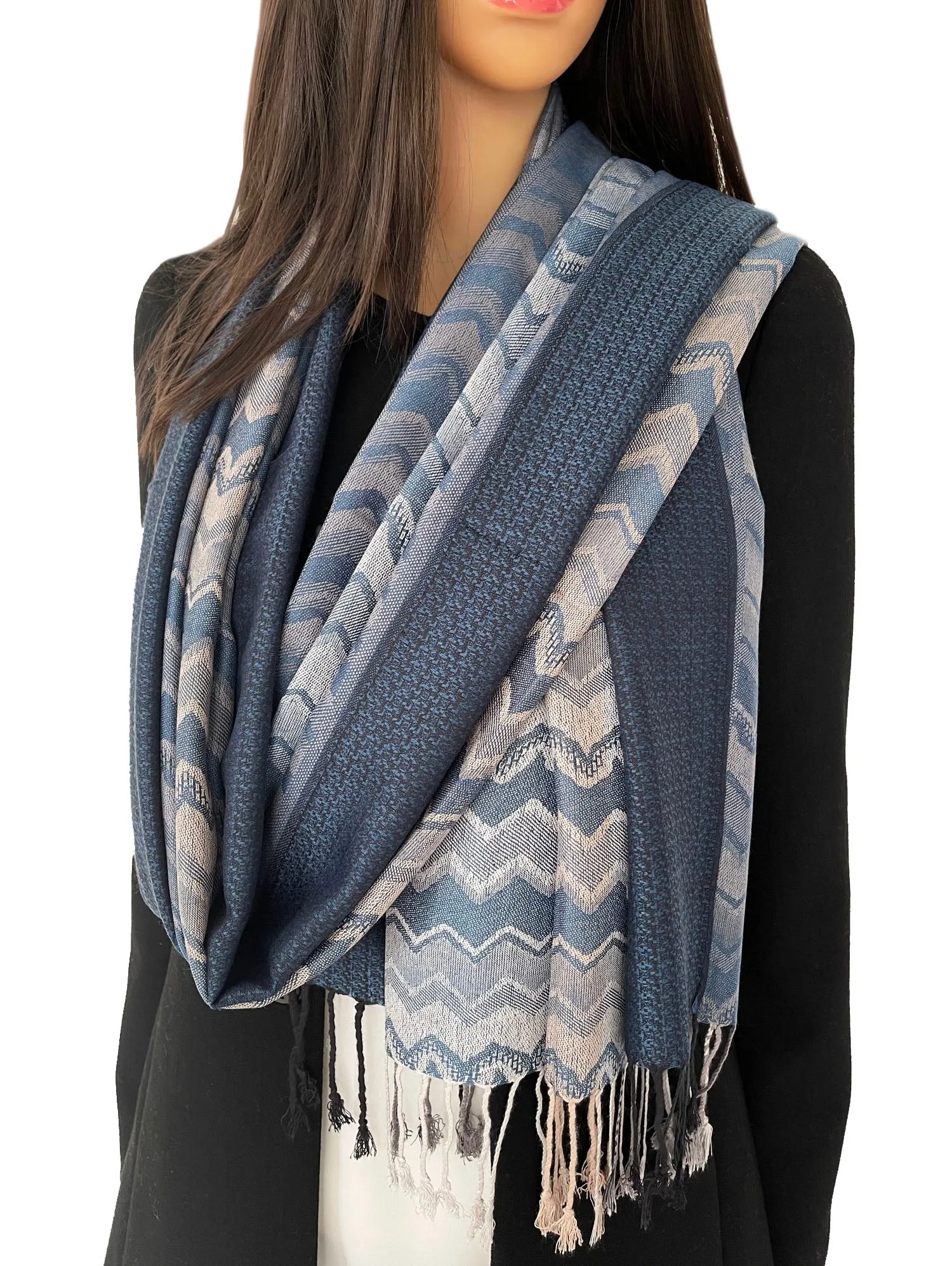 MULTICOLOUR NAVY WAVE PRINT PASHMINA SHAWL SCARF