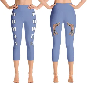 Our best viral yoga capri leggings with woman power - Blue Gray Color with White Letters