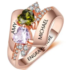 Personalized 2 Birthstone Rose Gold Mothers Ring - Classic Heart Birthstones 2 Names