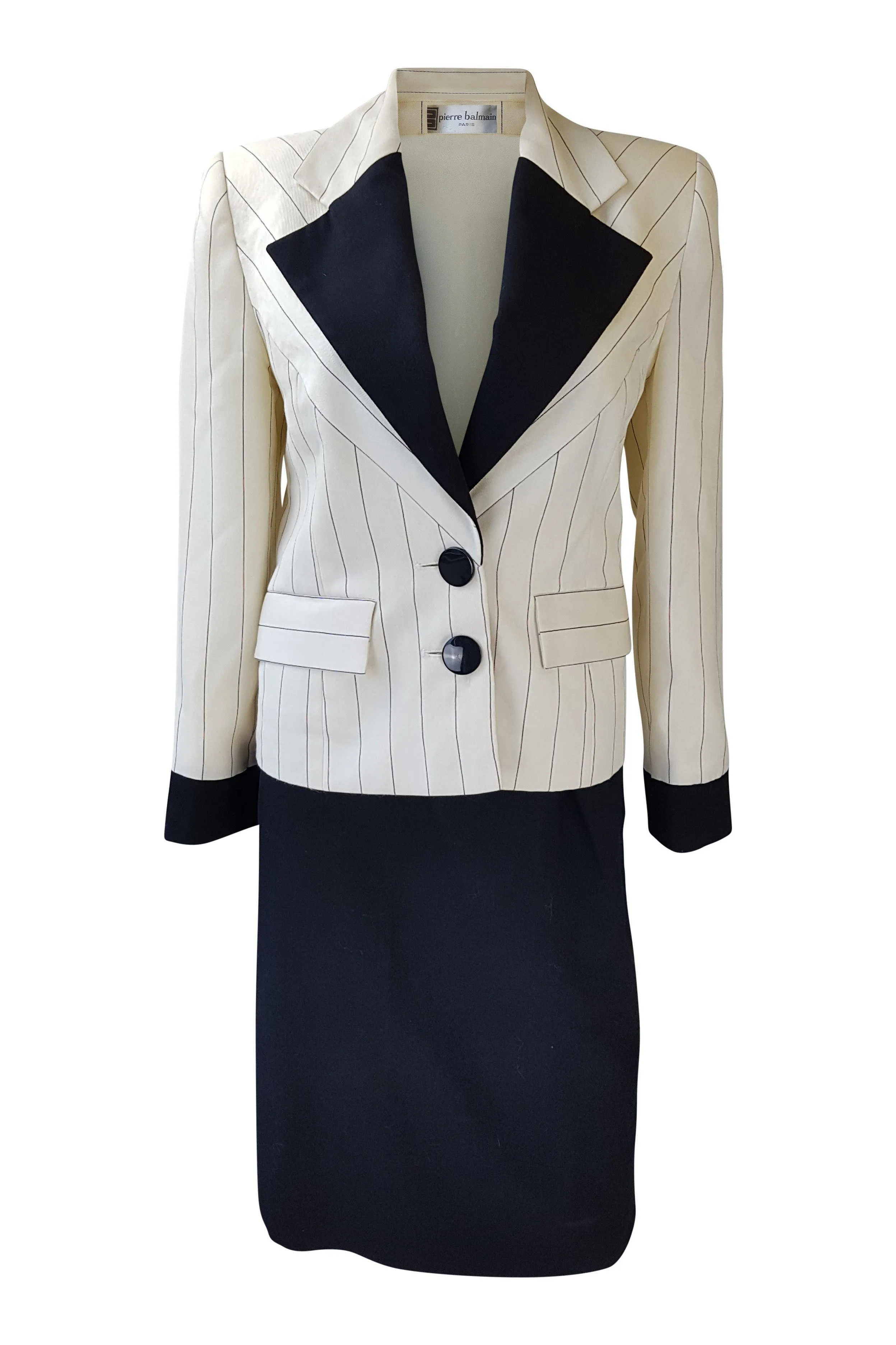 PIERRE BALMAIN Paris Cream and Black Pinstripe Vintage Skirt Suit (FR 36)