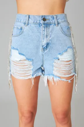 Raven Rhinestone Denim Shorts - Light Wash