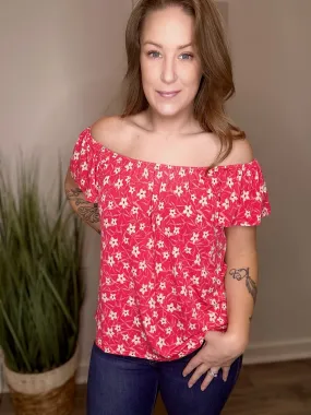 Red Floral Short Sleeve Top