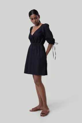 Reistor Gathered Elbow Sleeve Short Dress in Black