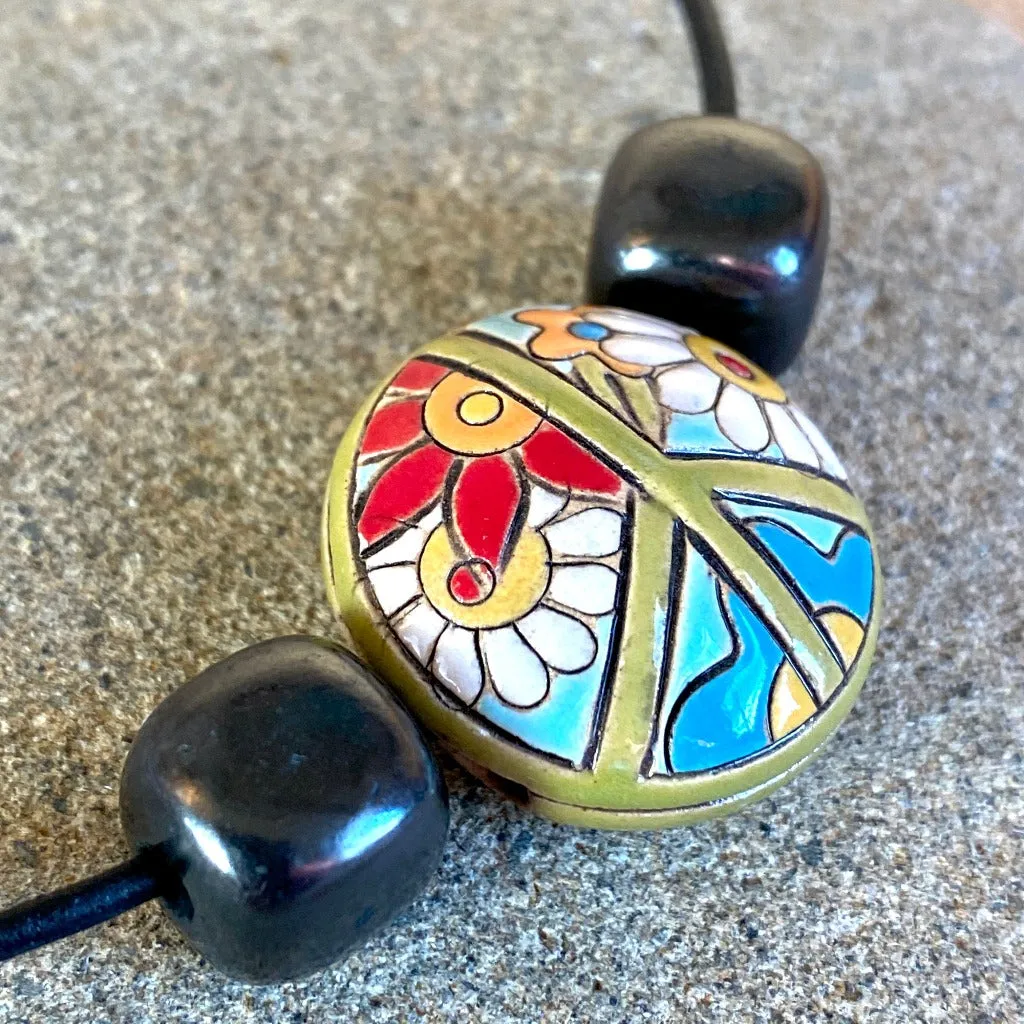 Shungite Necklace With Colorful Hippie Peace Sign Stoneware Lentil Bead