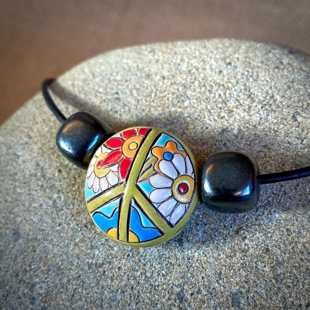 Shungite Necklace With Colorful Hippie Peace Sign Stoneware Lentil Bead